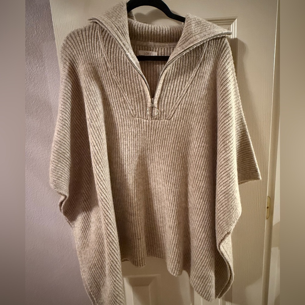 LOFT Cream Ribbed Poncho Sweater